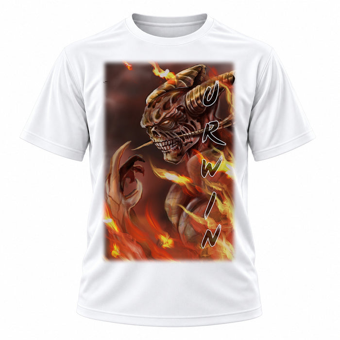 Personalized Demon T-Shirt, front-view T-shirt mockup featuring custom Air-Volution artwork by Mythic Airbrush