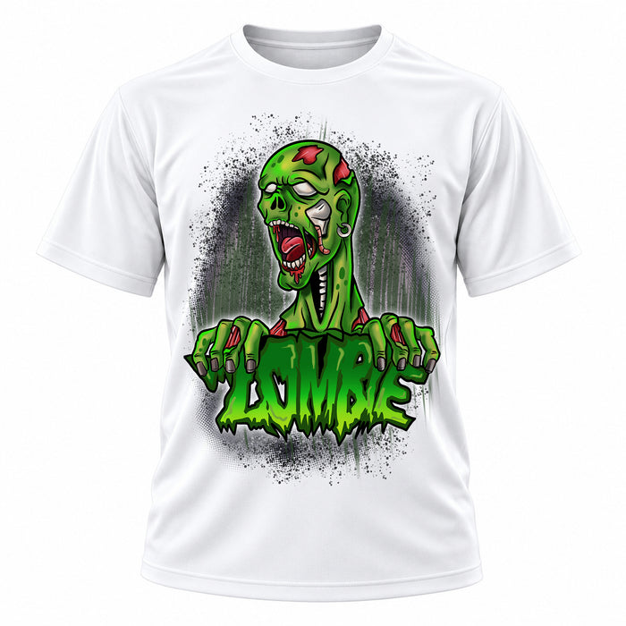 Zombie action character on personalized graphic T-shirt, Mythic Airbrush design C137