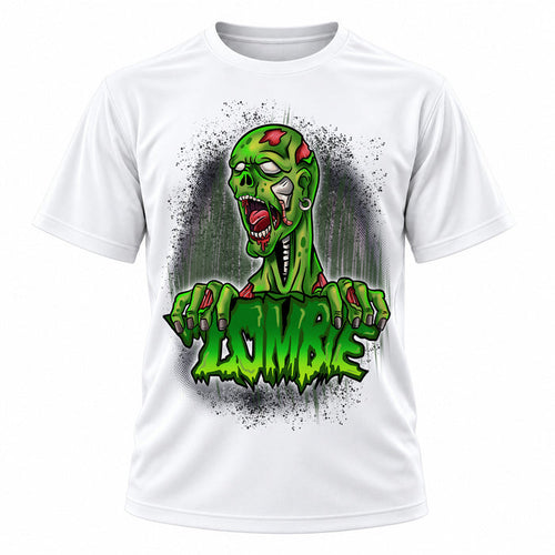 Zombie action character on personalized graphic T-shirt, Mythic Airbrush design C137