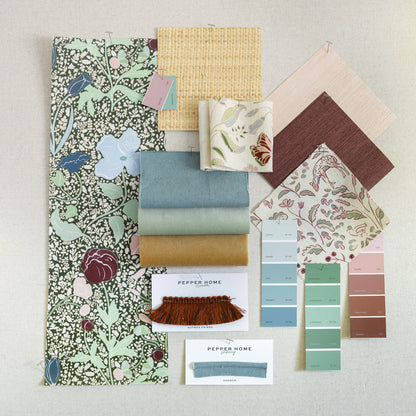 Matilda wallpaper sample board with botanical print and coordinating swatches, made to order in USA with short lead times
