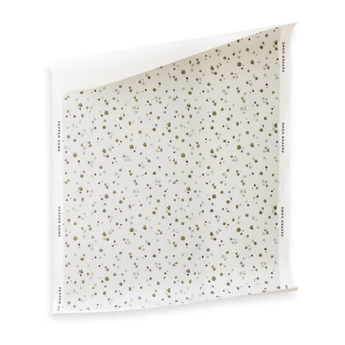 Campbell Moss floral wallpaper sample with scattered blooms, made to order in USA with short lead times