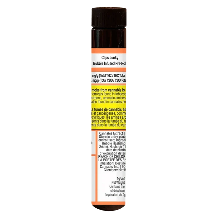 Tall front view of a dark brown tube labeled Caps Junky Bubble Infused PR 1 x 1g with a white, orange and yellow warning label wrapping the cylinder.