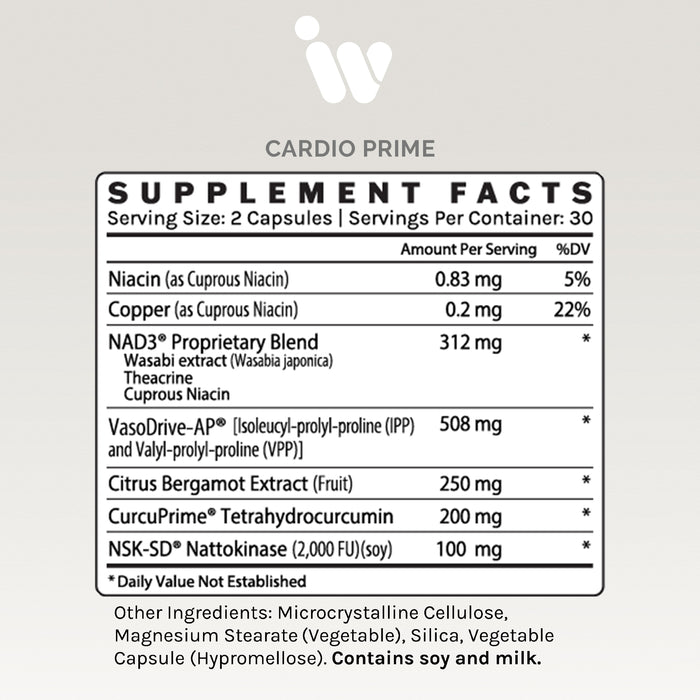 Supplement Facts panel for InfiniWell Cardio Prime cardiovascular support supplement showing serving size and ingredients.