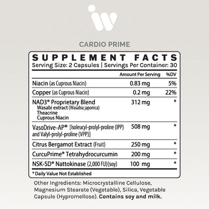 Supplement Facts panel for InfiniWell Cardio Prime cardiovascular support supplement showing serving size and ingredients.