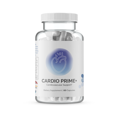 InfiniWell Cardio Prime cardiovascular support supplement bottle with 60 capsules on white background.