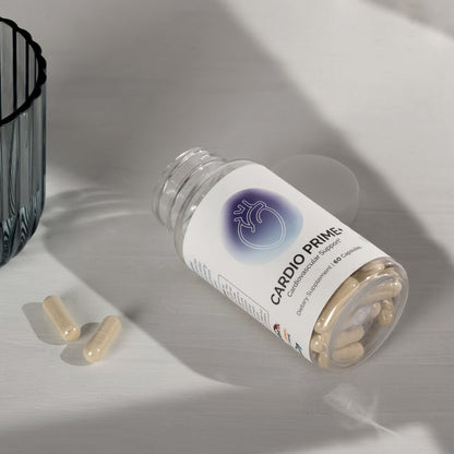 InfiniWell Cardio Prime cardiovascular support supplement bottle with spilled capsules on a white surface.