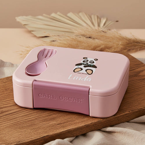 Personalisierte Bento Brotdose in Rosa mit individuellem Namen fuer Kindergarten, Schule und unterwegs mit praktischer Faechereinteilung