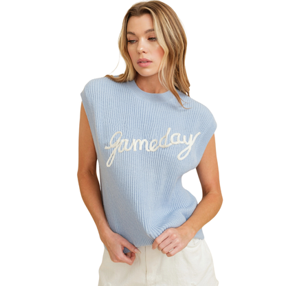 Carolina Blue Cursive Gameday Embroidered Sweater Vest - Main View - Cloud Ten