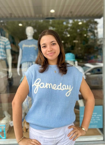 Carolina Blue Cursive Gameday Embroidered Sweater Vest - Lifestyle View - Cloud Ten