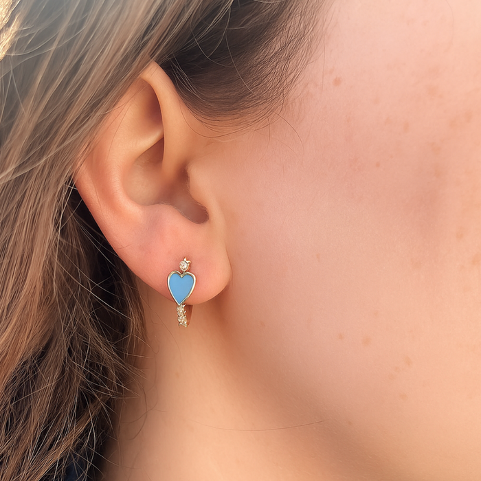 Carolina Blue Pave Heart Huggie Earrings - Detail View - Rock Paper Scissors