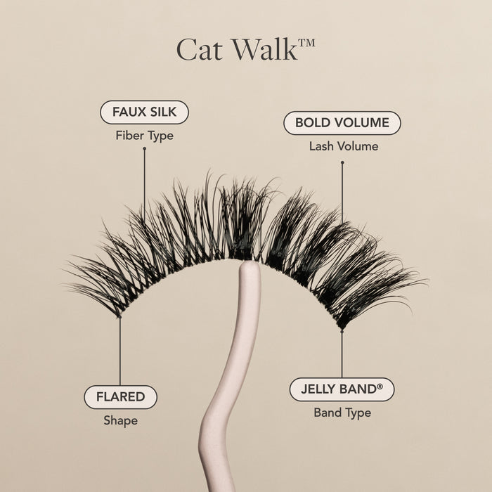 Cat Walk a false lash with faux silk fibers, bold volume, flared shape, and a Jelly Band.