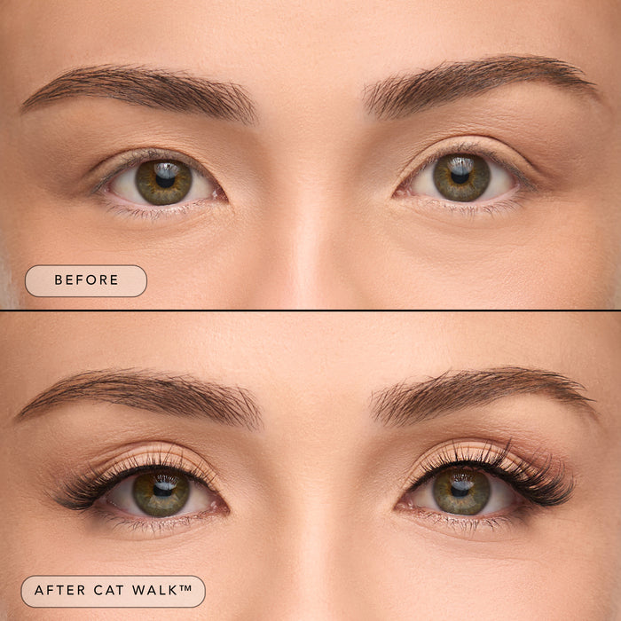 Before and after a model wearing Cat Walk lashes.