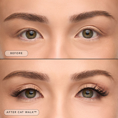 Before and after a model wearing Cat Walk lashes.