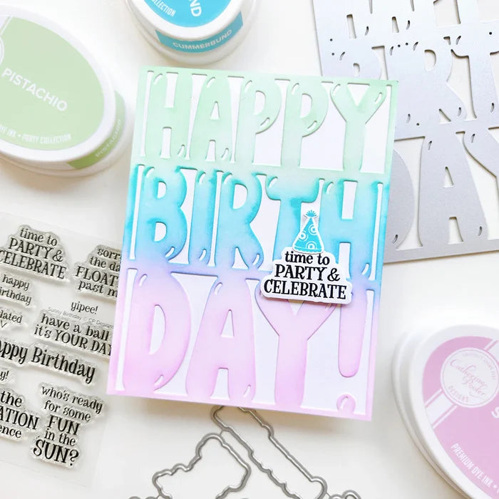 Catherine Pooler - Cover Plate Die - Balloon Letter Birthday. Available at Embellish Away located in Bowmanville Ontario Canada. Example by Catherine Pooler Designs brand Ambassador.