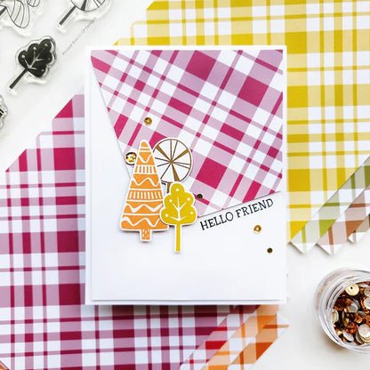 Catherine Pooler - Patterned Paper - Fall Plaid. We put together the Fall Plaid Patterned Paper pack for those occasions! This fall color combo was specially chosen to give that traditional feel of the changing leaves in the season! Available at Embellish Away located in Bowmanville Ontario Canada. Example by Catherine 
Pooler Designs.