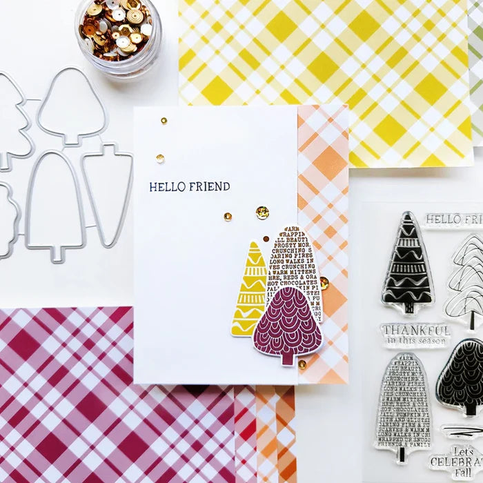 Catherine Pooler - Patterned Paper - Fall Plaid. We put together the Fall Plaid Patterned Paper pack for those occasions! This fall color combo was specially chosen to give that traditional feel of the changing leaves in the season! Available at Embellish Away located in Bowmanville Ontario Canada. Example by Catherine 
Pooler Designs.