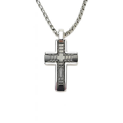 Celestis Stainless Steel Small Cross Pendant with Black Satin Inlay and chain