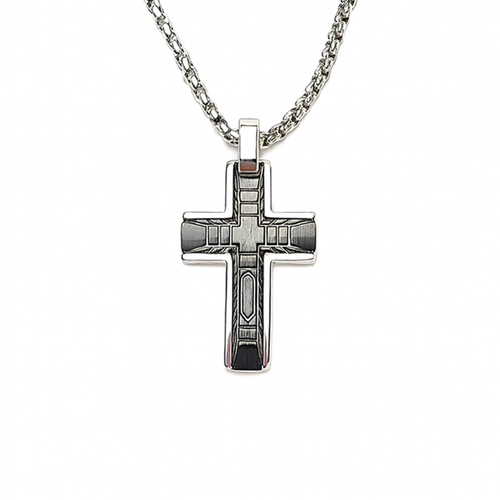 Celestis Stainless Steel Small Cross Pendant with Black Satin Inlay and chain