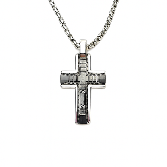 Celestis Stainless Steel Small Cross Pendant with Black Satin Inlay and chain