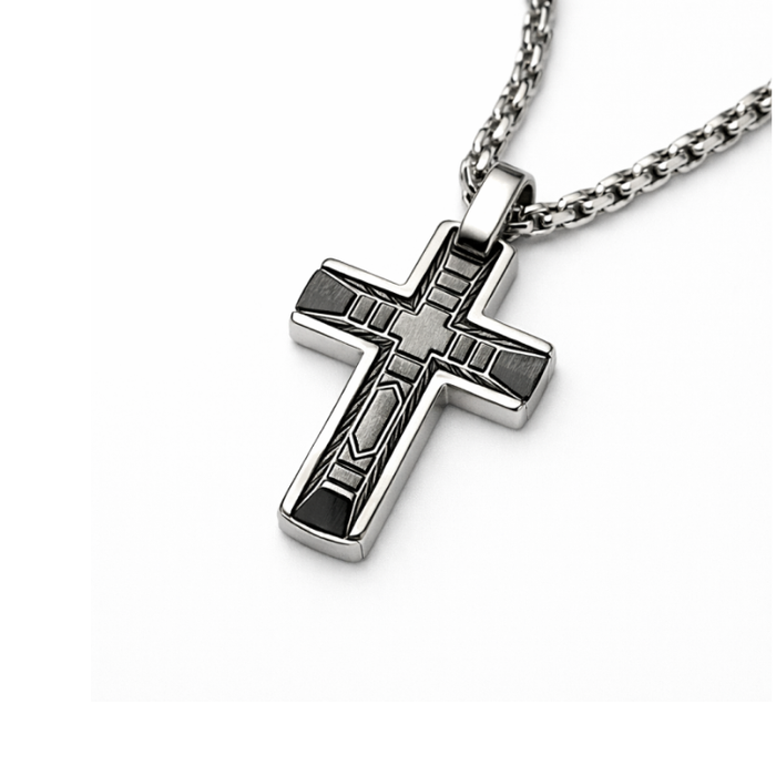 Celestis Stainless Steel Small Cross Pendant with Black Satin Inlay and chain
