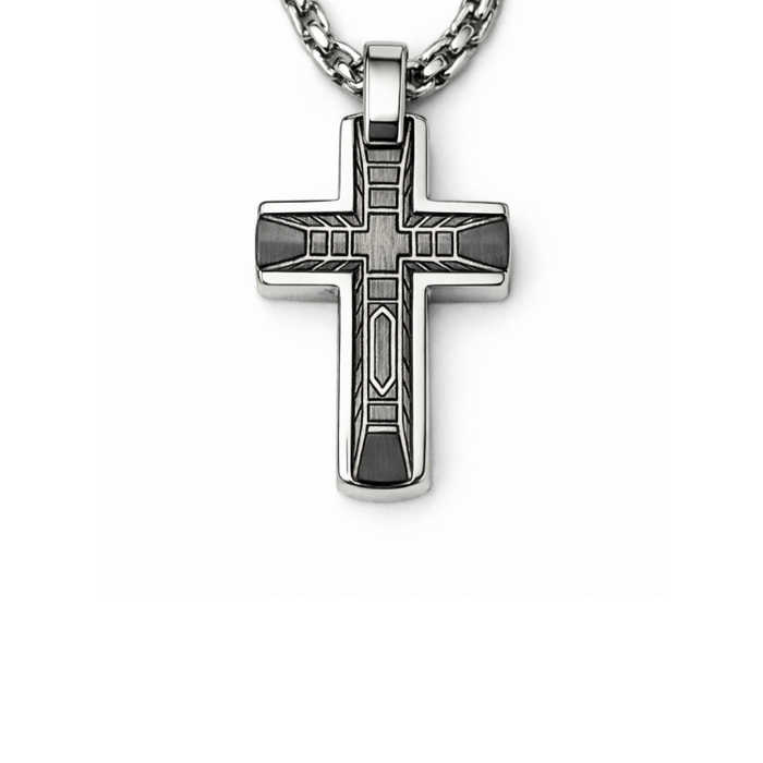 Celestis Stainless Steel Small Cross Pendant with Black Satin Inlay and chain