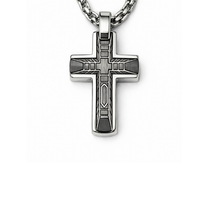 Celestis Stainless Steel Small Cross Pendant with Black Satin Inlay and chain