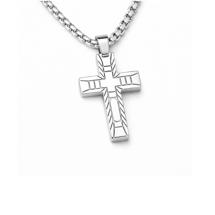 Celestis Stainless Steel Small Cross Pendant with Satin Inlay and chain