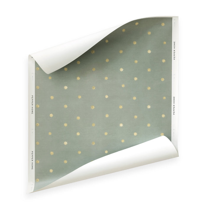 Charlie Stone sage green wallpaper with gold starbursts, made to order in the USA with short lead times