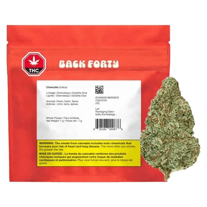 Front-facing shot of a red Back Forty pouch labeled Chemzilla with a white product label and a cannabis bud shown to its right.