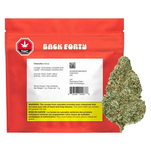 Front-facing shot of a red Back Forty pouch labeled Chemzilla with a white product label and a cannabis bud shown to its right.