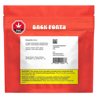 Center-forward view of a red Back Forty pouch with a white product label showing "Chemzilla" strain details and a yellow THC warning.