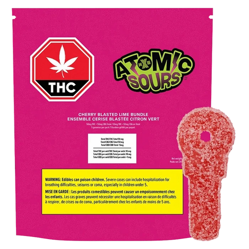 Front-facing bright magenta package labeled "Cherry Blasted Lime Bundle Gummies" with an Atomic Sours logo, THC stop sign, and a red sugar-coated key-shaped gummy alongside.