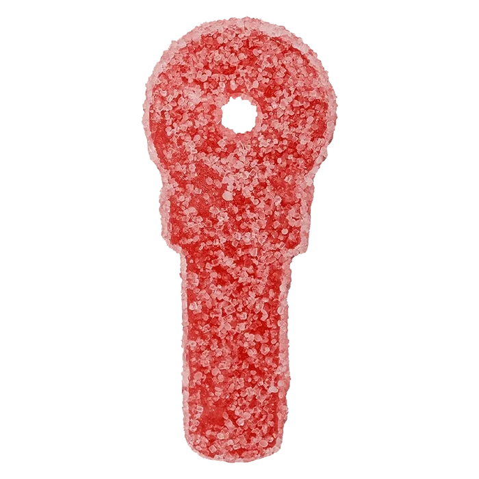 Top-down view of a single sugar-coated red Cherry Blasted Lime Bundle Gummies piece shaped like a key with a circular hole at the top.
