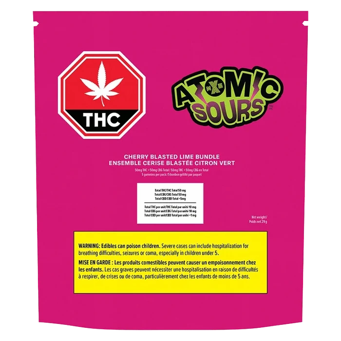 Rear view of the bright magenta package labeled "Atomic Sours Cherry Blasted Lime Bundle Gummies" with a white THC stop sign symbol and a yellow warning box.
