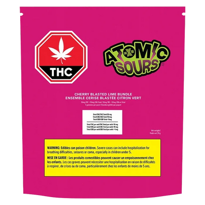 Rear view of the bright magenta package labeled "Atomic Sours Cherry Blasted Lime Bundle Gummies" with a white THC stop sign symbol and a yellow warning box.