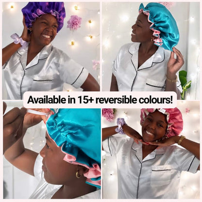 Cherry/Noir: Vegan Silk Bonnet (Reversible, Adjustable, Double Lined)