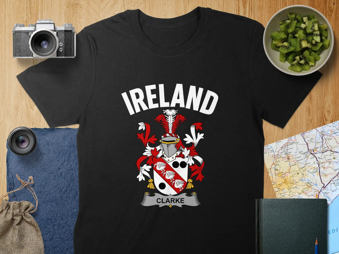 Clarke family crest graphic on the Irish heritage T-shirt.