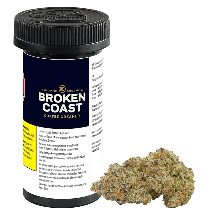 Front-three-quarter view of a black-lidded container and a cannabis bud, labeled Broken Coast Coffee Creamer, on a white background.