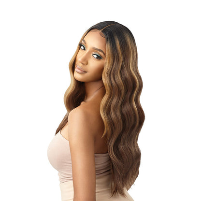 OUTRE synthetic lace front wig blonde long wavy honey blonde with dark roots and natural center part