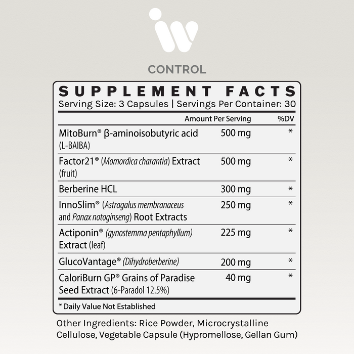 Supplement Facts panel for InfiniWell Control Metabolic Optimization showing serving size and active ingredients.
