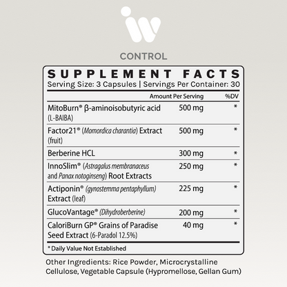 Supplement Facts panel for InfiniWell Control Metabolic Optimization showing serving size and active ingredients.