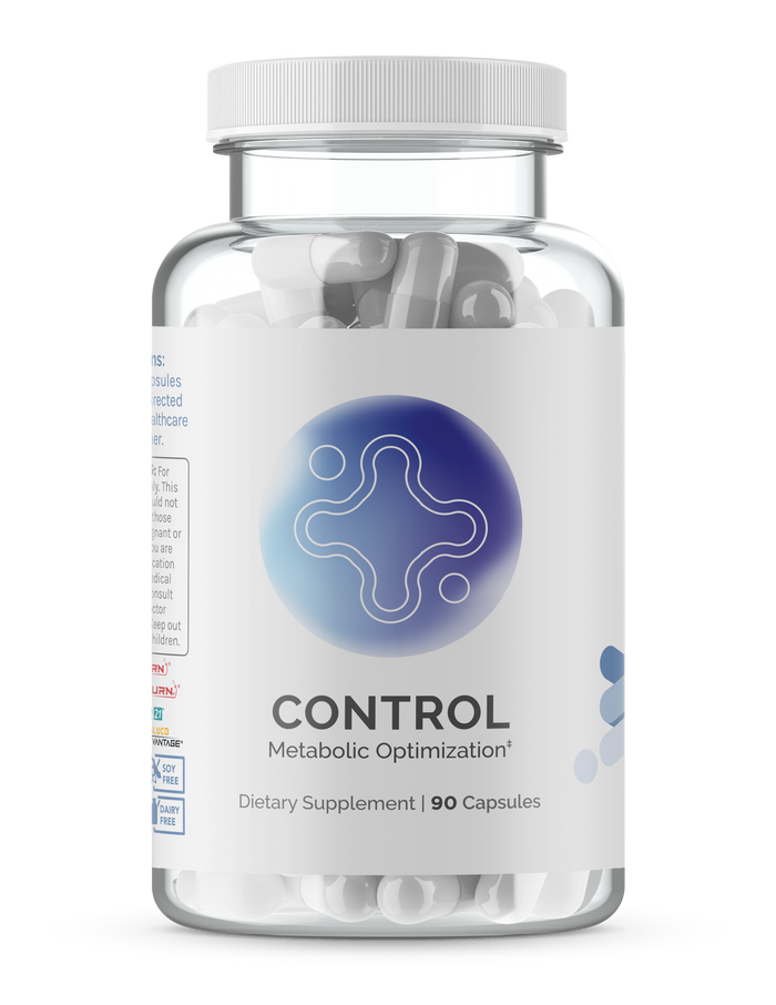InfiniWell Control Metabolic Optimization supplement bottle with white capsules, transparent background, 90 capsules.