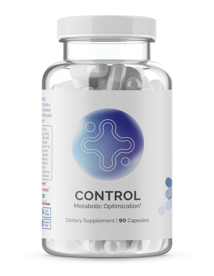 InfiniWell Control Metabolic Optimization supplement bottle with white capsules, transparent background, 90 capsules.