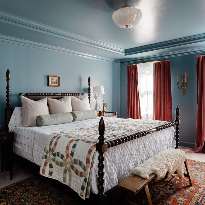 Sage trim yardage styled in a classic bedroom setting, made-to-order with quick lead times in the USA.