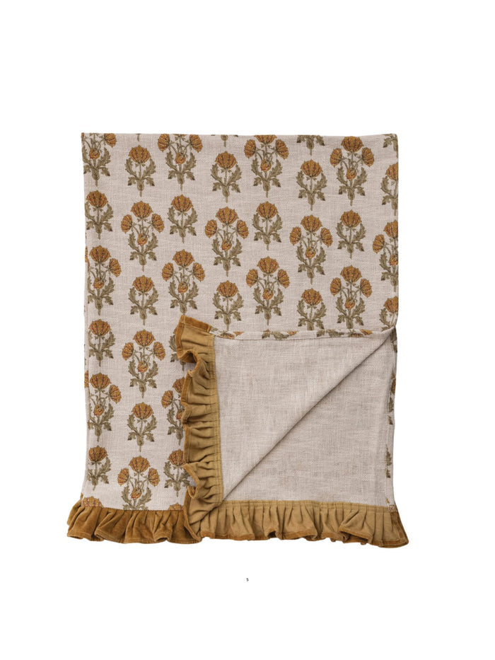Cotton Slub Printed Throw w/ Velvet Ruffle