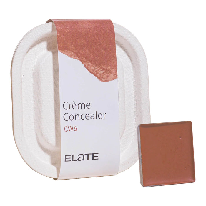 2.7ml pan of Elate Beauty Creme Concealer in the shade 'CW6', for medium deep warm skin tones. A two-in-one concealer and illuminator formulated with evening primrose oil, designed to heal and conceal blemishes.
