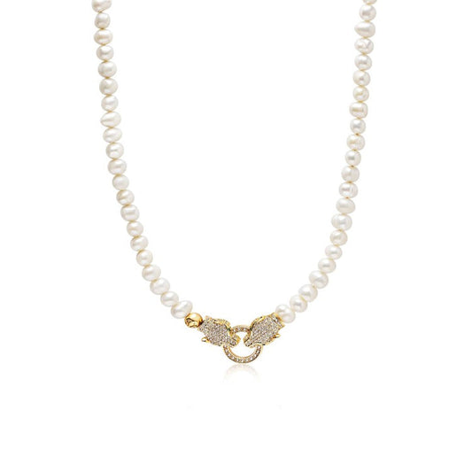 Cultured Freshwater Pearls Necklace with Double Panther Head