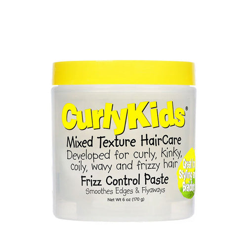 CurlyKids frizz control paste clear jar with yellow lid smooths edges and tames frizzy curly hair