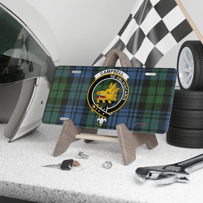 Personalized Scottish clan crest novelty license plate with tartan background, custom surname