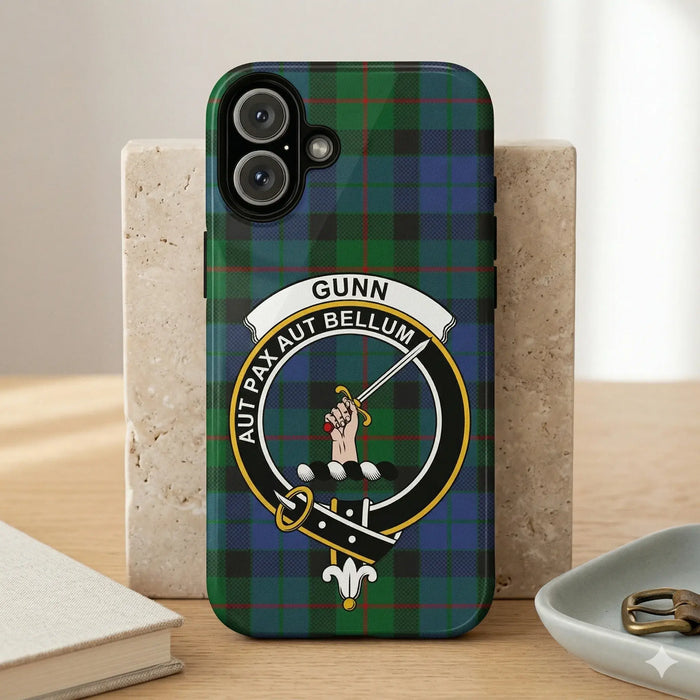 Personalized Scottish clan crest phone case with tartan background, custom surname design
